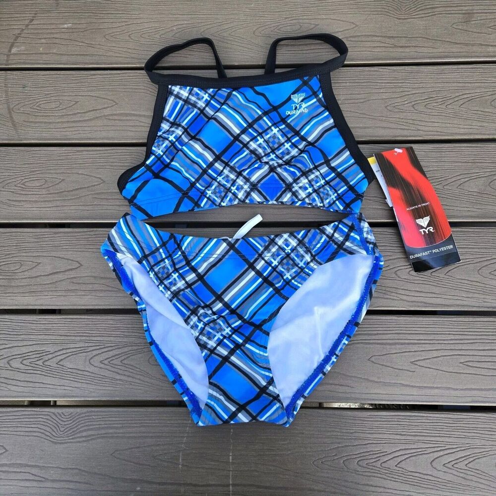 TYR Womens Durafast Pacific Plaid Diamondfit Workout Bikini Set Size 36/M NEW